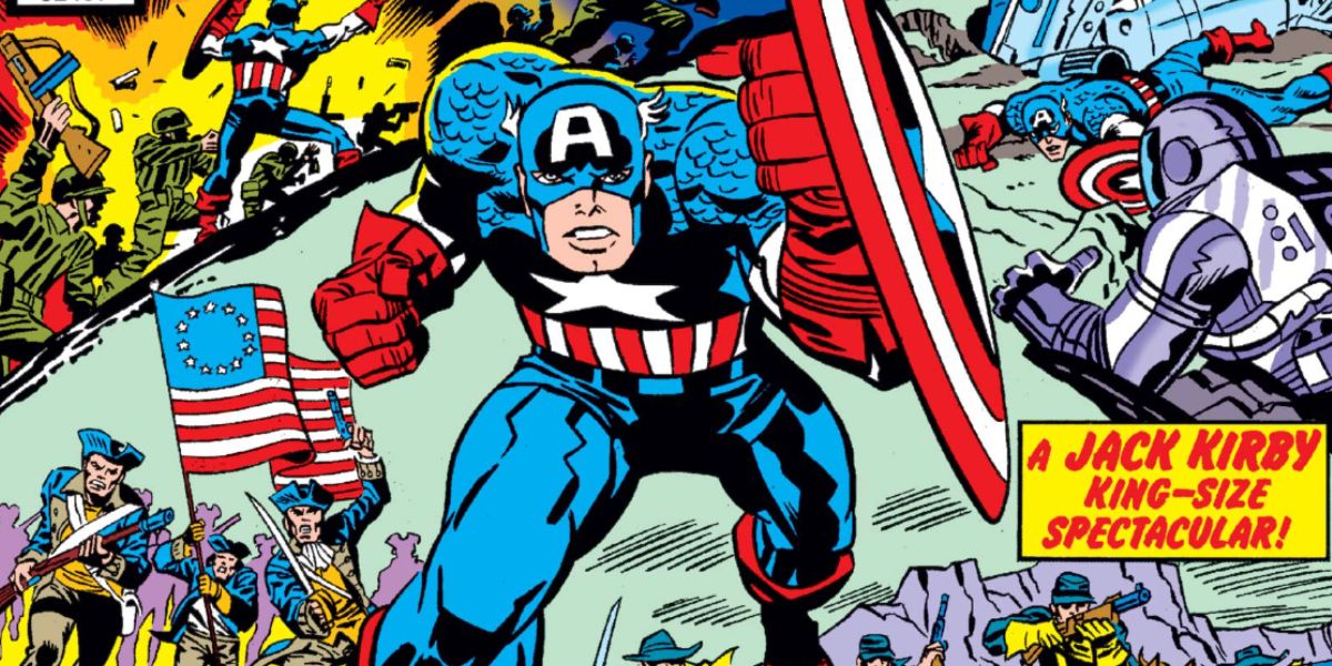 Captain America raises his shield in a Marvel comic.