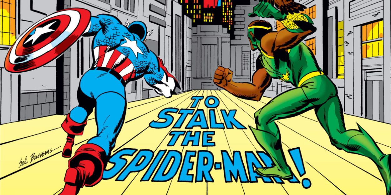 Captain America and the falcon run toward the city in a Marvel Comic book.