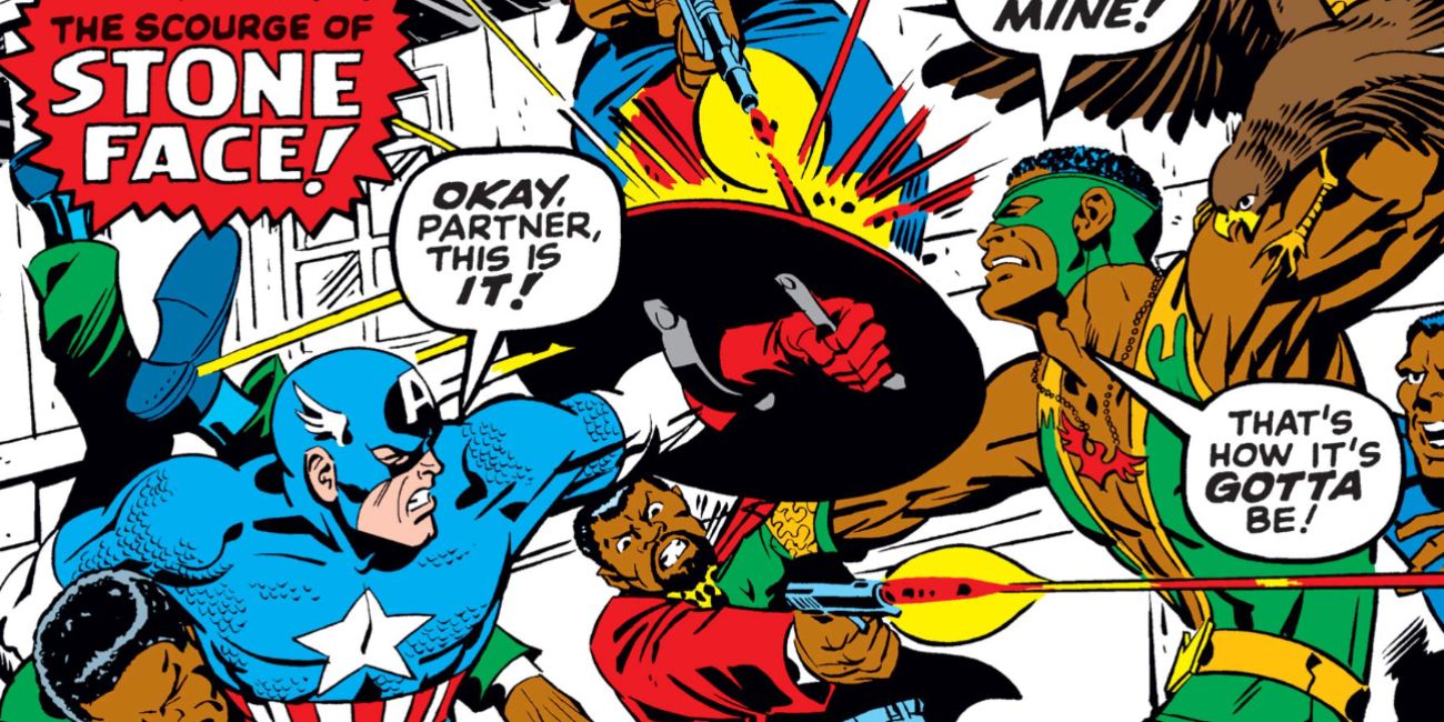 Captain America and Falcon battle Stone Face in a Marvel comic.