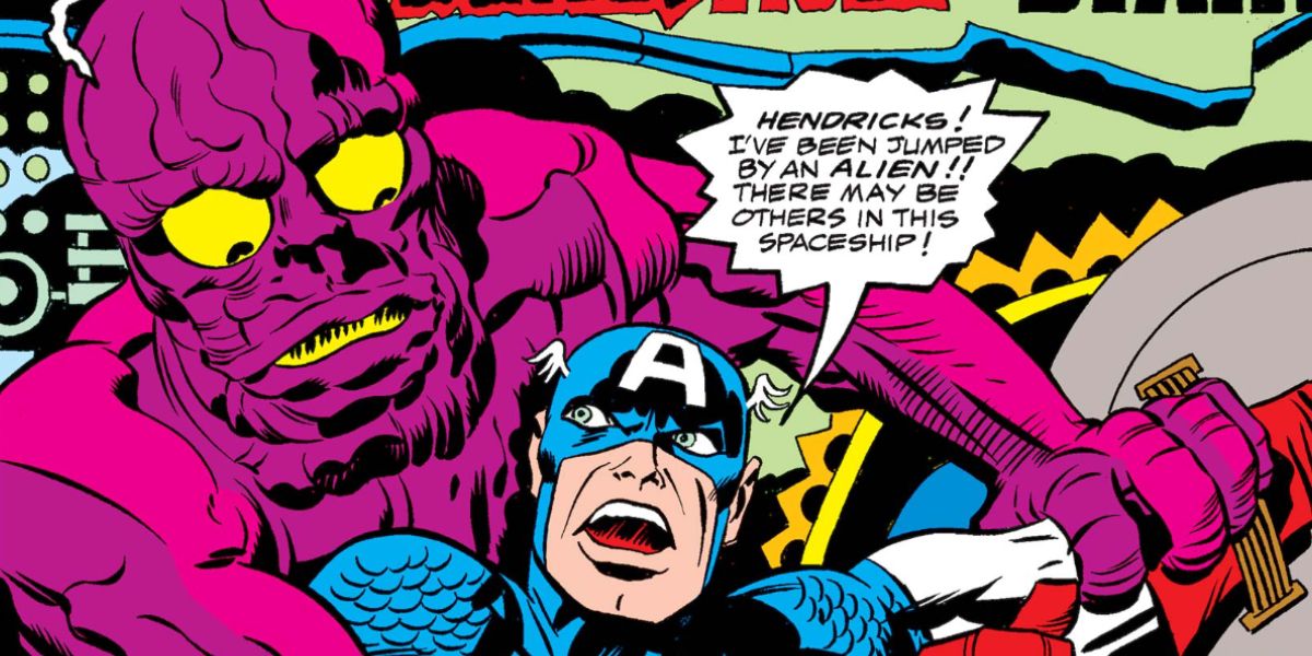 A purple alien grabs Captain America in a Marvel comic.