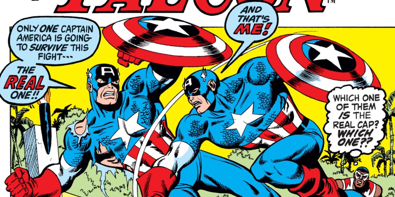 Captain America battles himself in a Marvel comic.