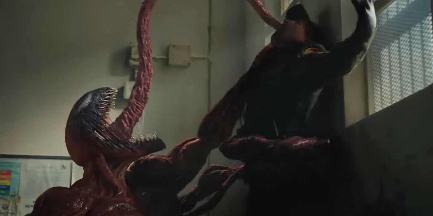 Carnage chokes a guard with his tongue in Venom: Let There Be Carnage