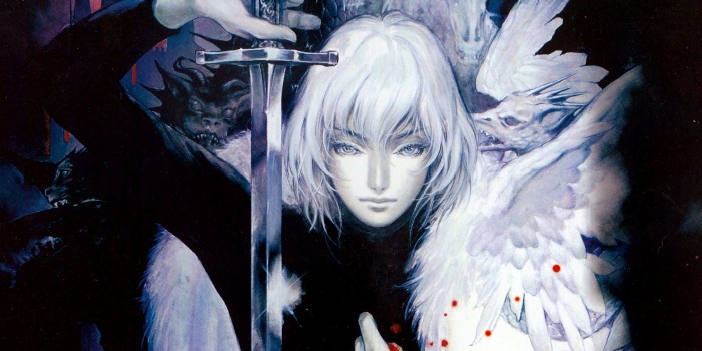 Arte da capa de Castlevania Dawn of Sorrow mostrando um personagem de cabelos brancos com uma espada.