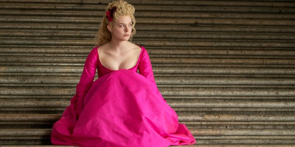 Catherine (Elle Fanning) on the palace steps in her pink birthday dress on The Great