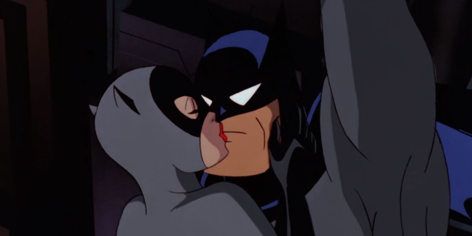 Catwoman kissing Batman as they swing across Gotham in Batman: The Animated Series