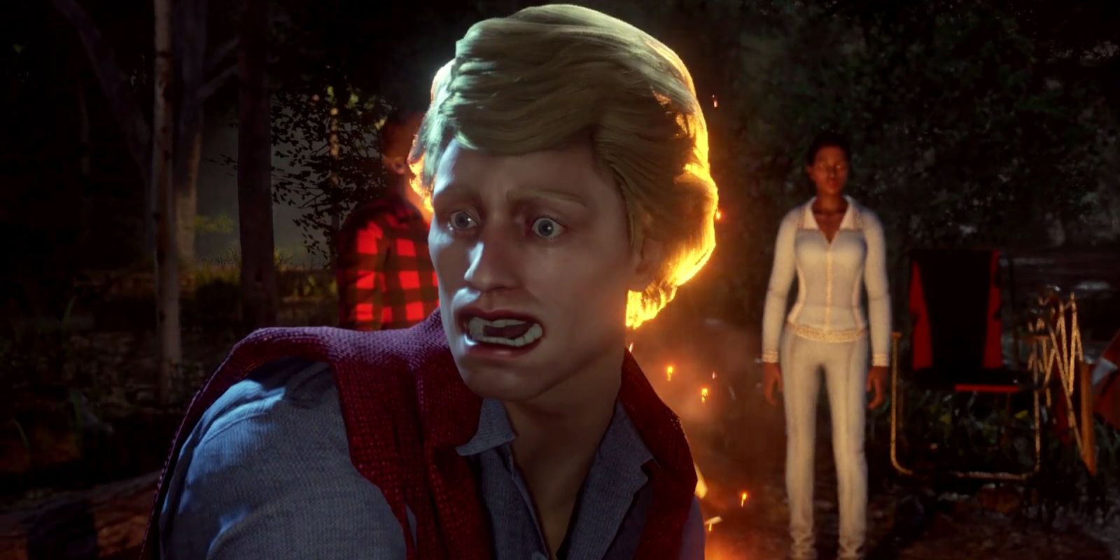Chad's mouth is agape as he stands near an outside fire in Friday the 13th: The Game.
