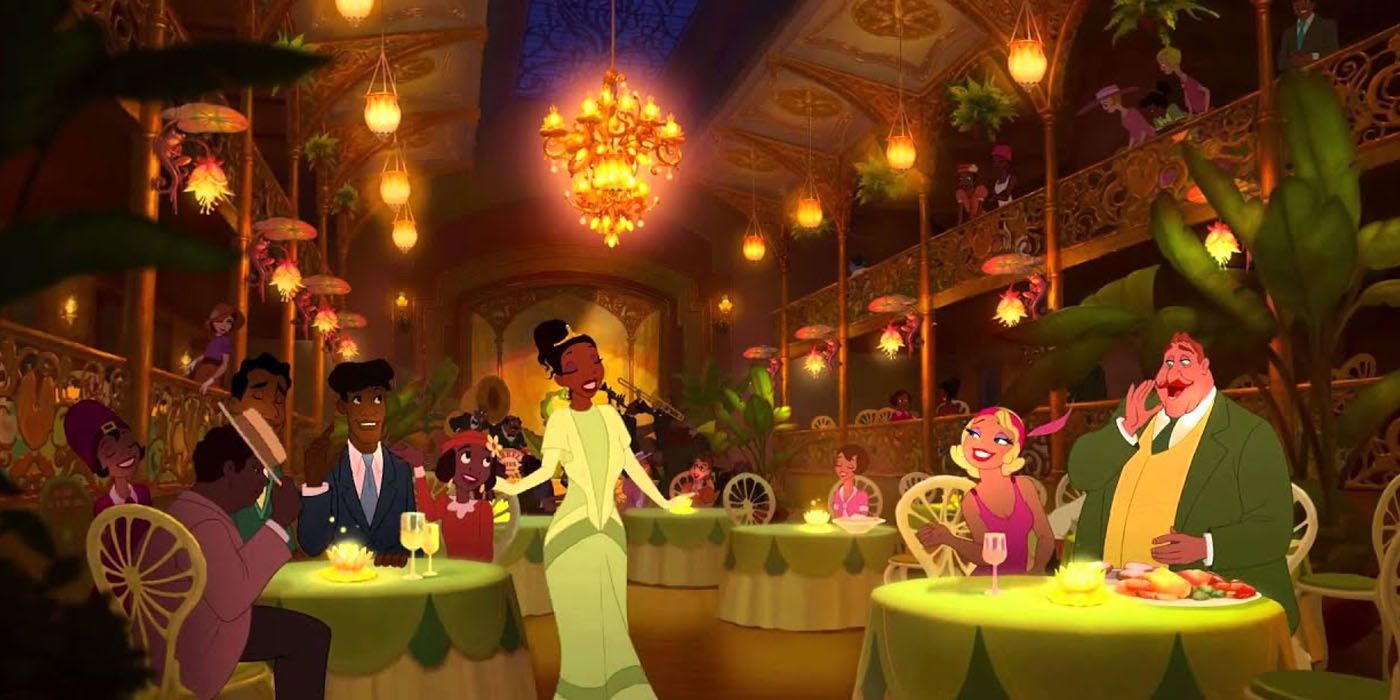 Characters from Princess and the Frog in Tiana's restaurant