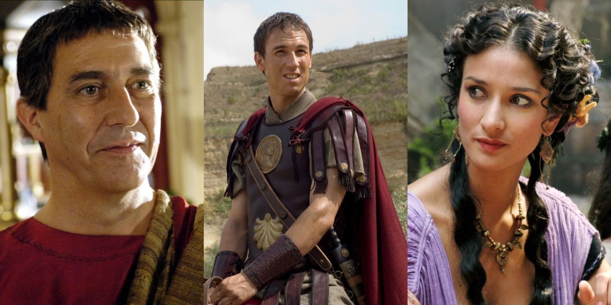 Split image of Ciarán Hinds, Tobias Menzies and Indira Varma in HBO Rome