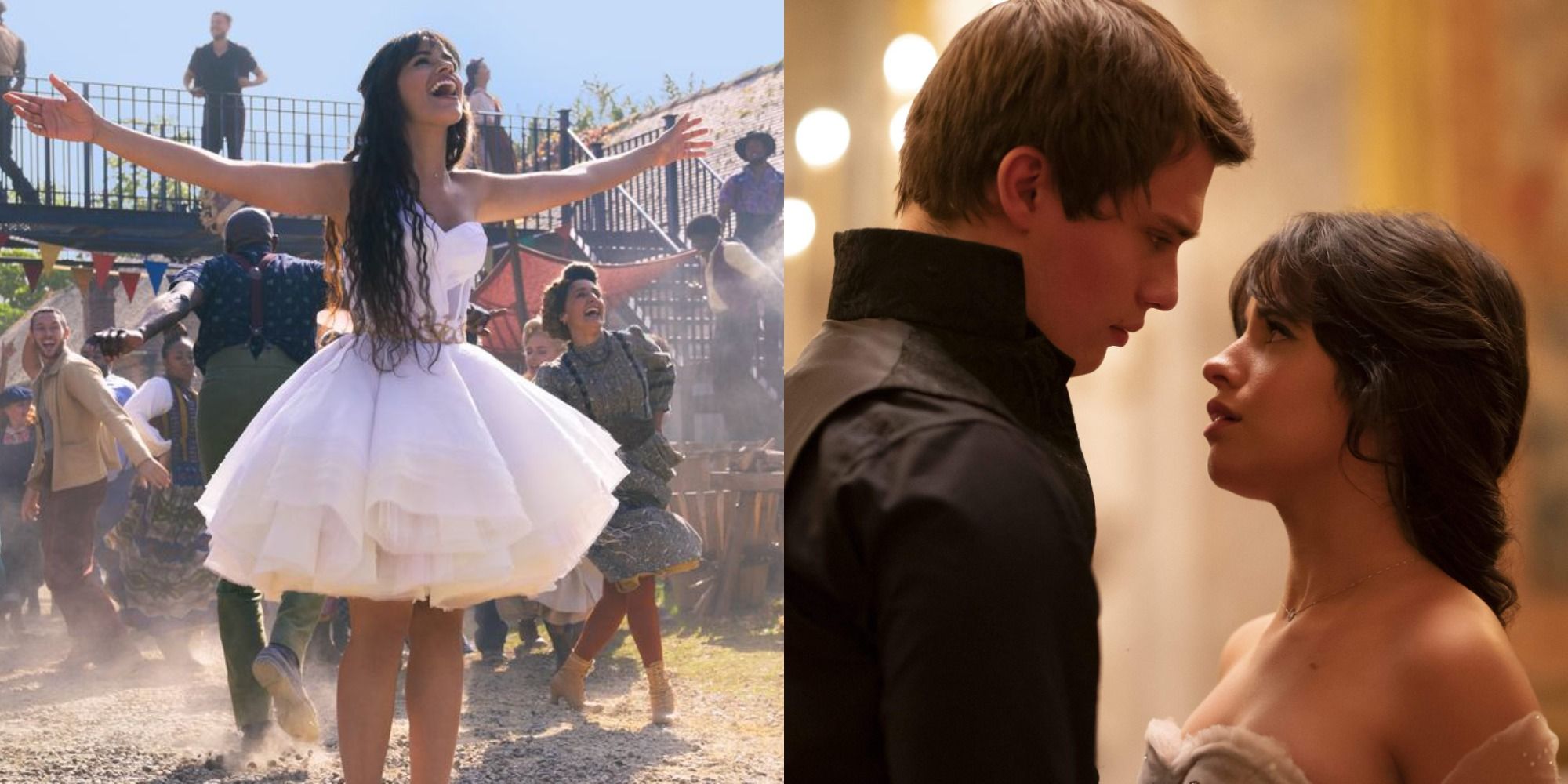 Split image of Camila Cabello singing as Cinderella and face to face with Prince Robert