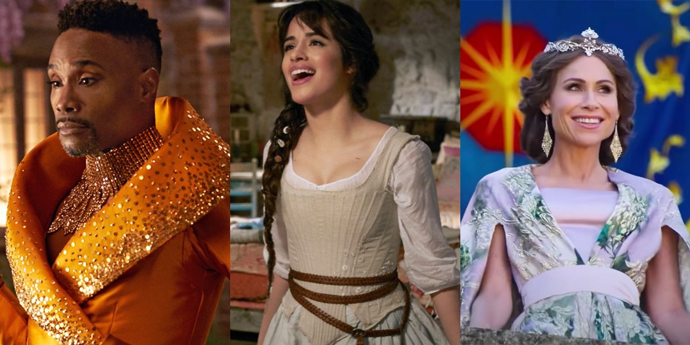 Three side by side images of characters from 2021's Cinderella live action movie.