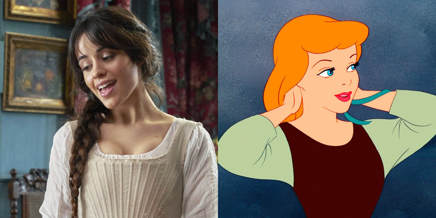 Split image of Camila Cabello as Cinderella and Disney's animated Cinderella.