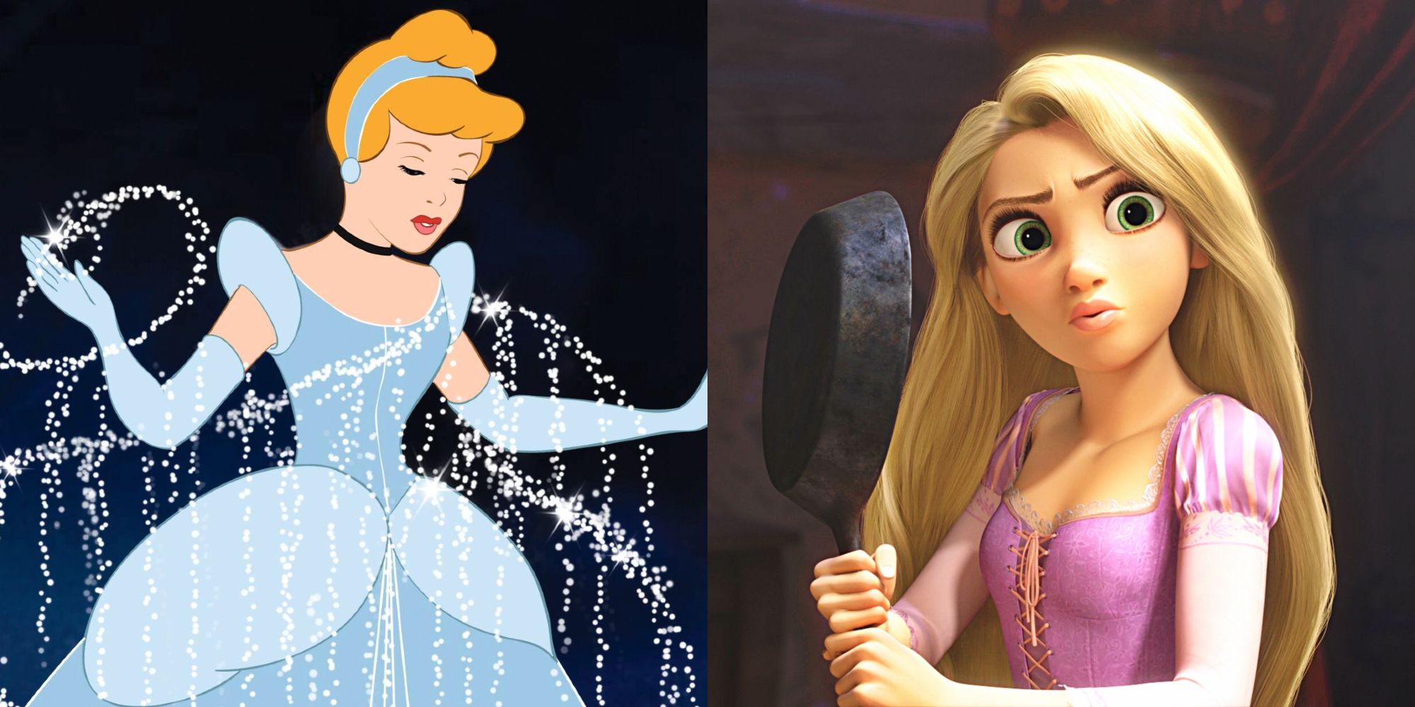 Split image: Cinderella is enhanted into her gown, Rapunzel wielding a frying pan