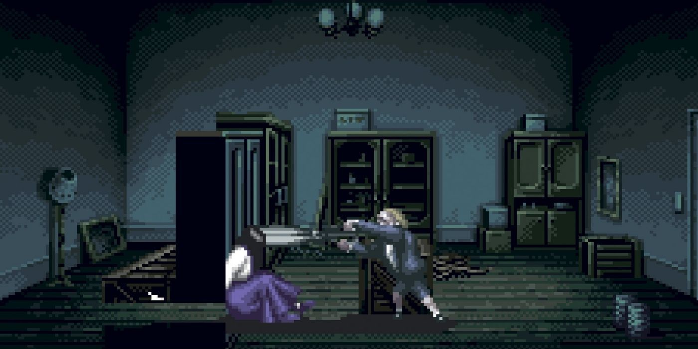 A man attacks a woman with a giant pair of scissors in Clock Tower