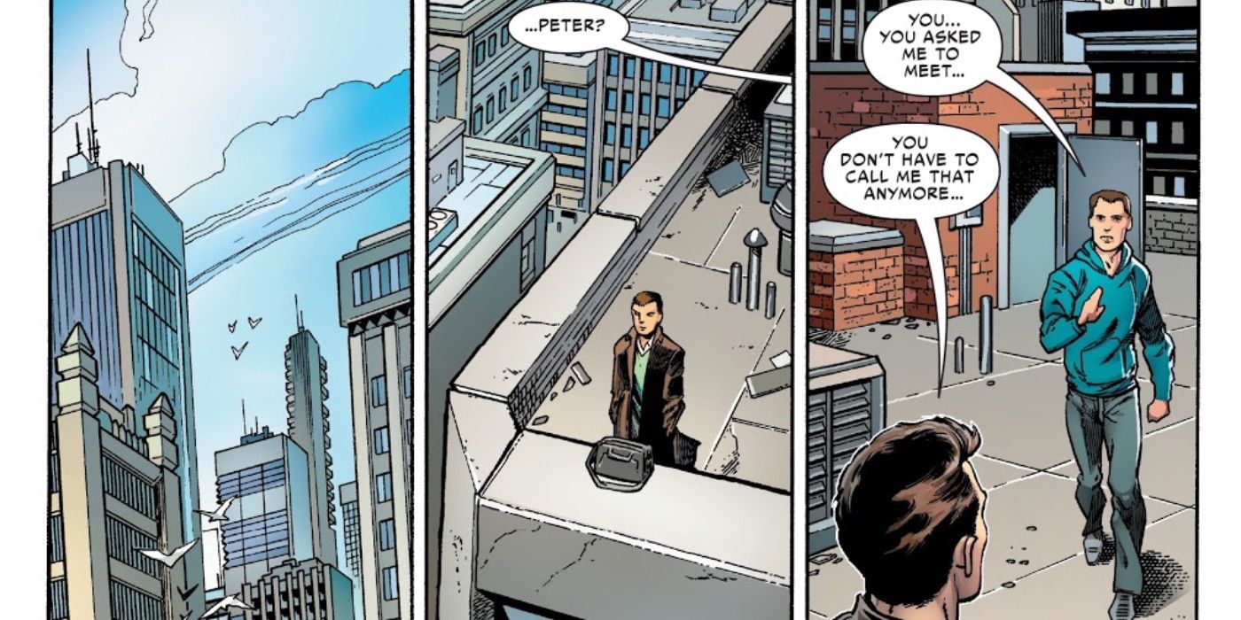 Peter Parker and Ben Reilly meet together on the rooftops of New York to discuss them switching lives.