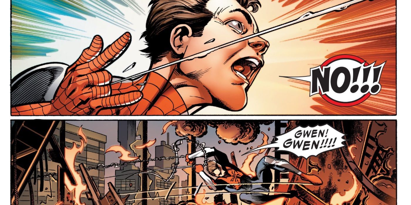 Peter Parker runs back into the burning lab to save his beloved wife, Gwen Stacy after the Goblin blows it up.