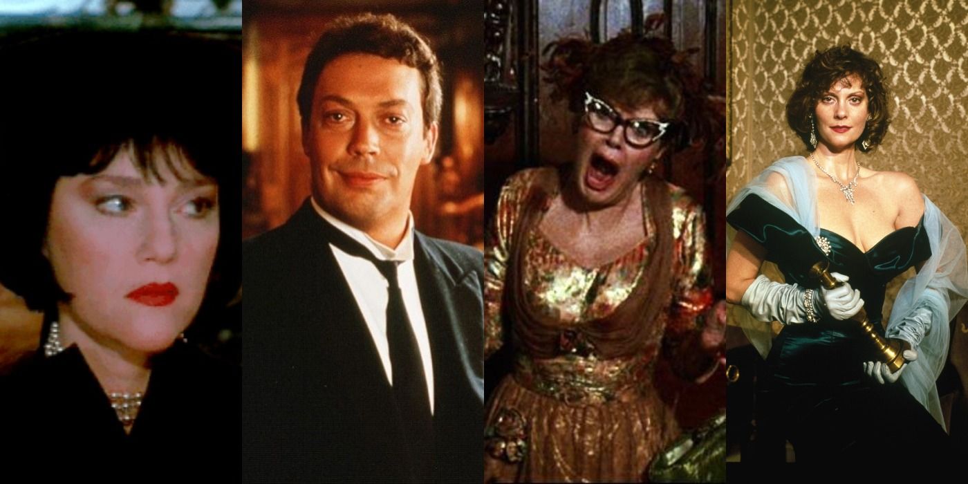 Split image of Mrs. White, Wadsworth, Mrs. Peacock, and Miss Scarlet in Clue
