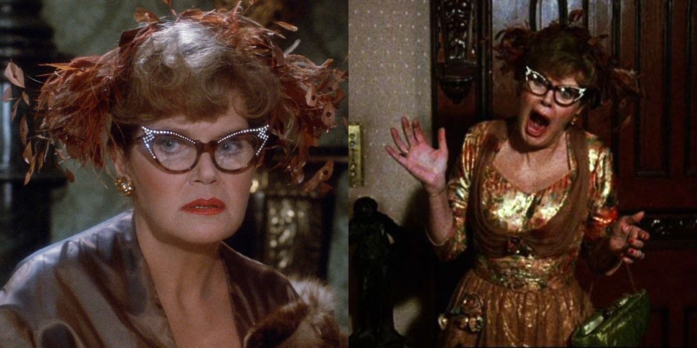 Split image of Mrs. Peacock looking concerned and Mrs. Peacock screaming in Clue