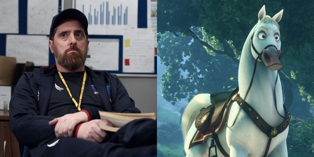 Split image: Coach Beard in Ted Lasso and Maximus from Tangled