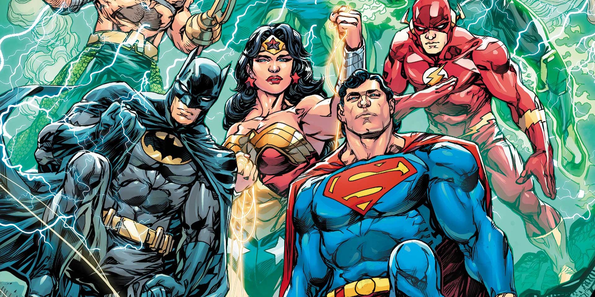 The Justice League pose in a DC Comic.