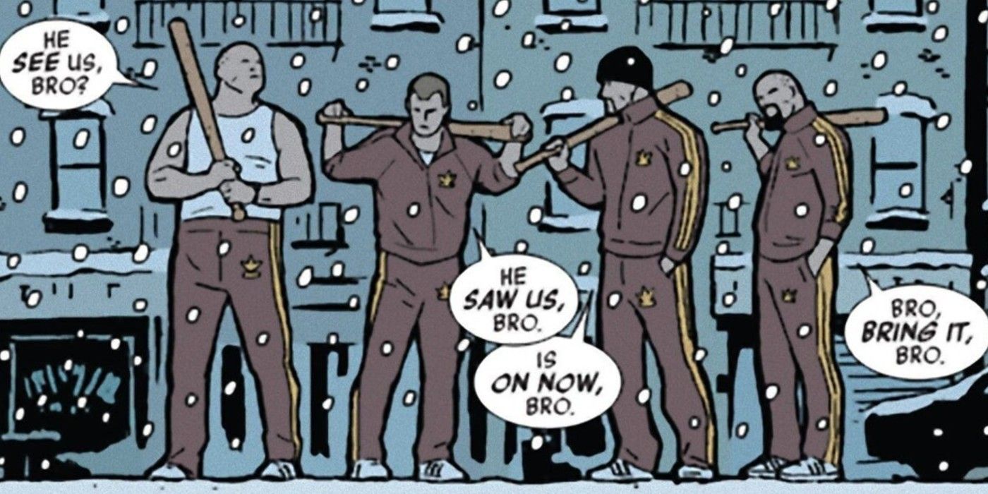 A group of Tracksuit Mafia wait around in the snow with their weapons in Marvel Comics.