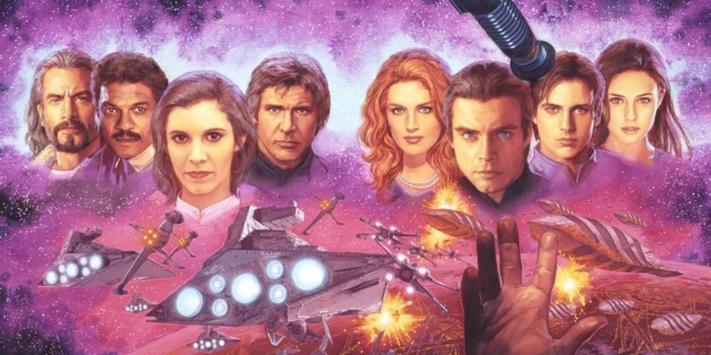 Arte da capa da trilogia The New Jedi Order apresentando os personagens principais e uma luta de nave espacial.
