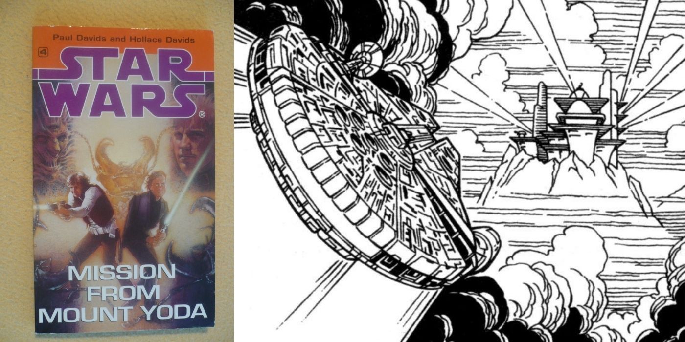 Cover for Star Wars Mission From Mount Yoda and a sketch of Millenium Falcon flying towards Mount Yoda