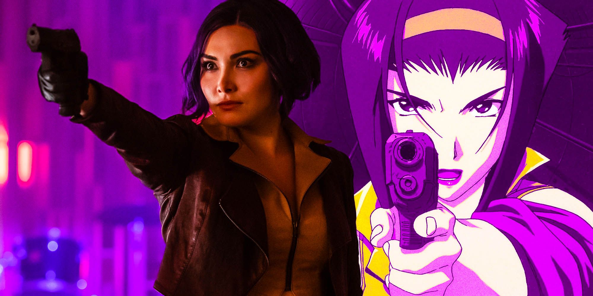Superimposed image of Faye Valentine pointing a gun in Cowboy Bebop.