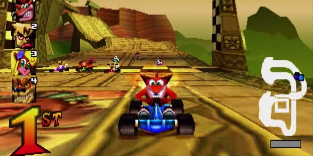 Crash Bandicoot racing for the finish line in Crash Team Racing for PS1
