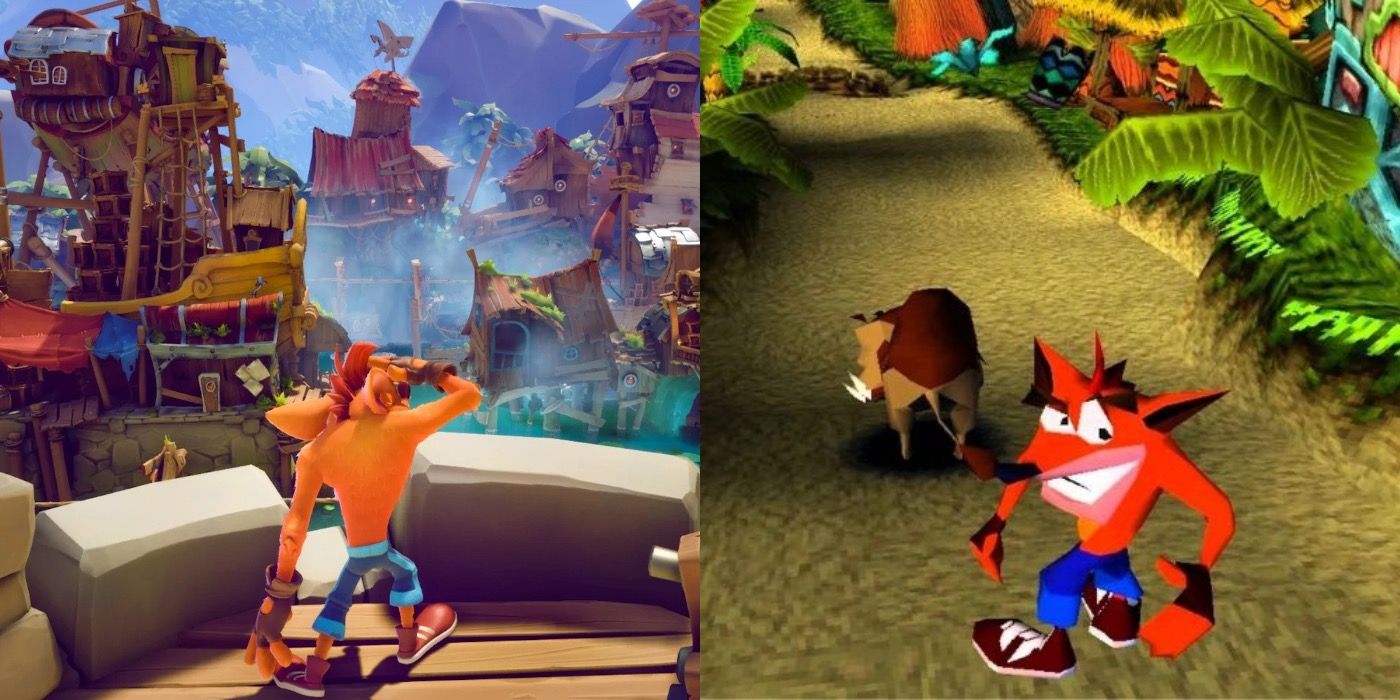 Split image of Crash Bandicoot It's About Time and the original PlayStation game.