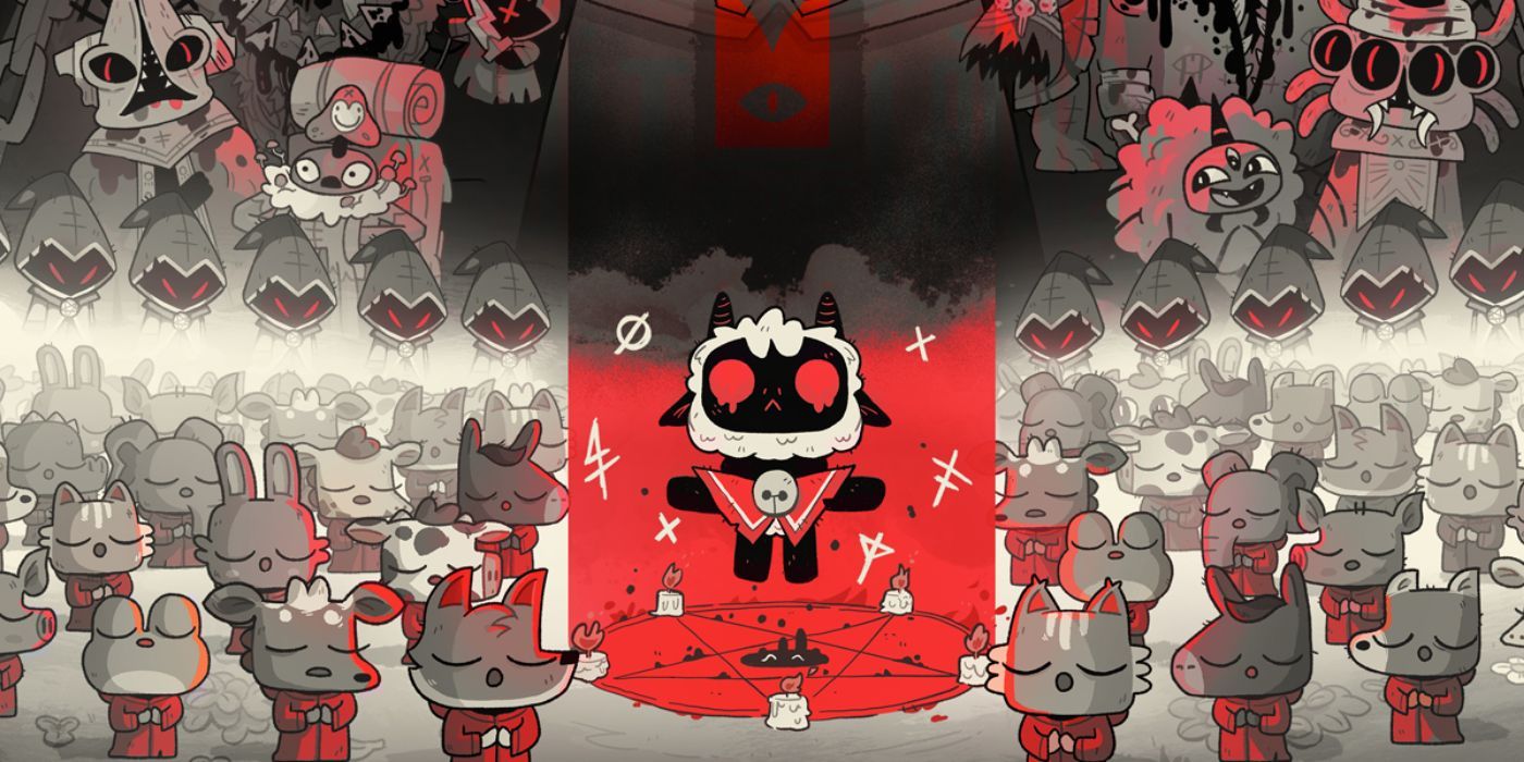 The cult leader surrounded by followers in the video game, Cult of the Lamb