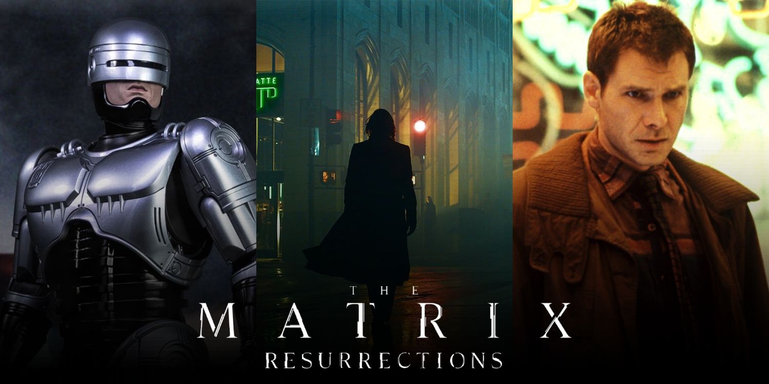 Stills from Robocop, The Matrix Resurrections, and Blade Runner