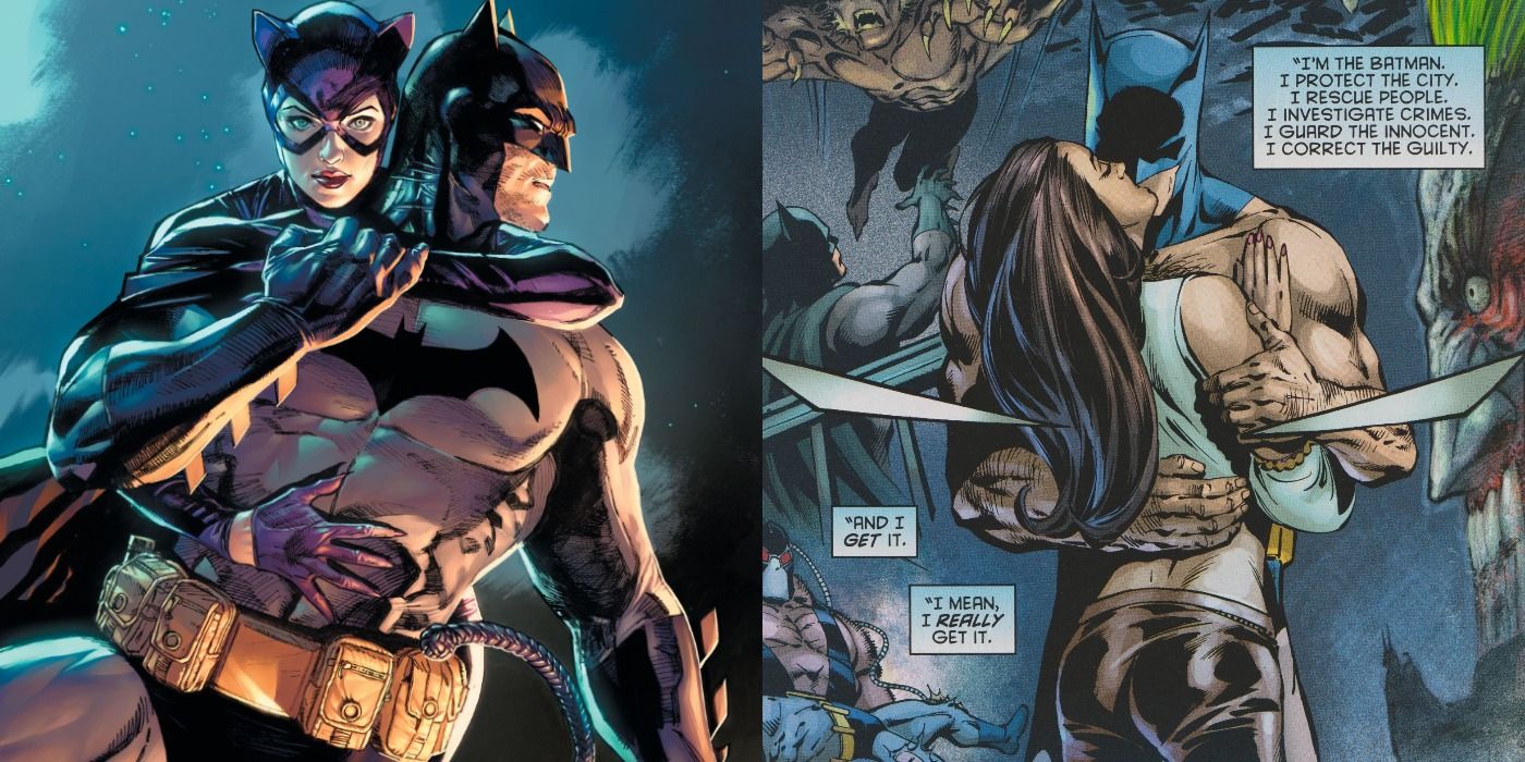 Split image showing Batman with Catwoman, and kissing Talia Al-Ghul