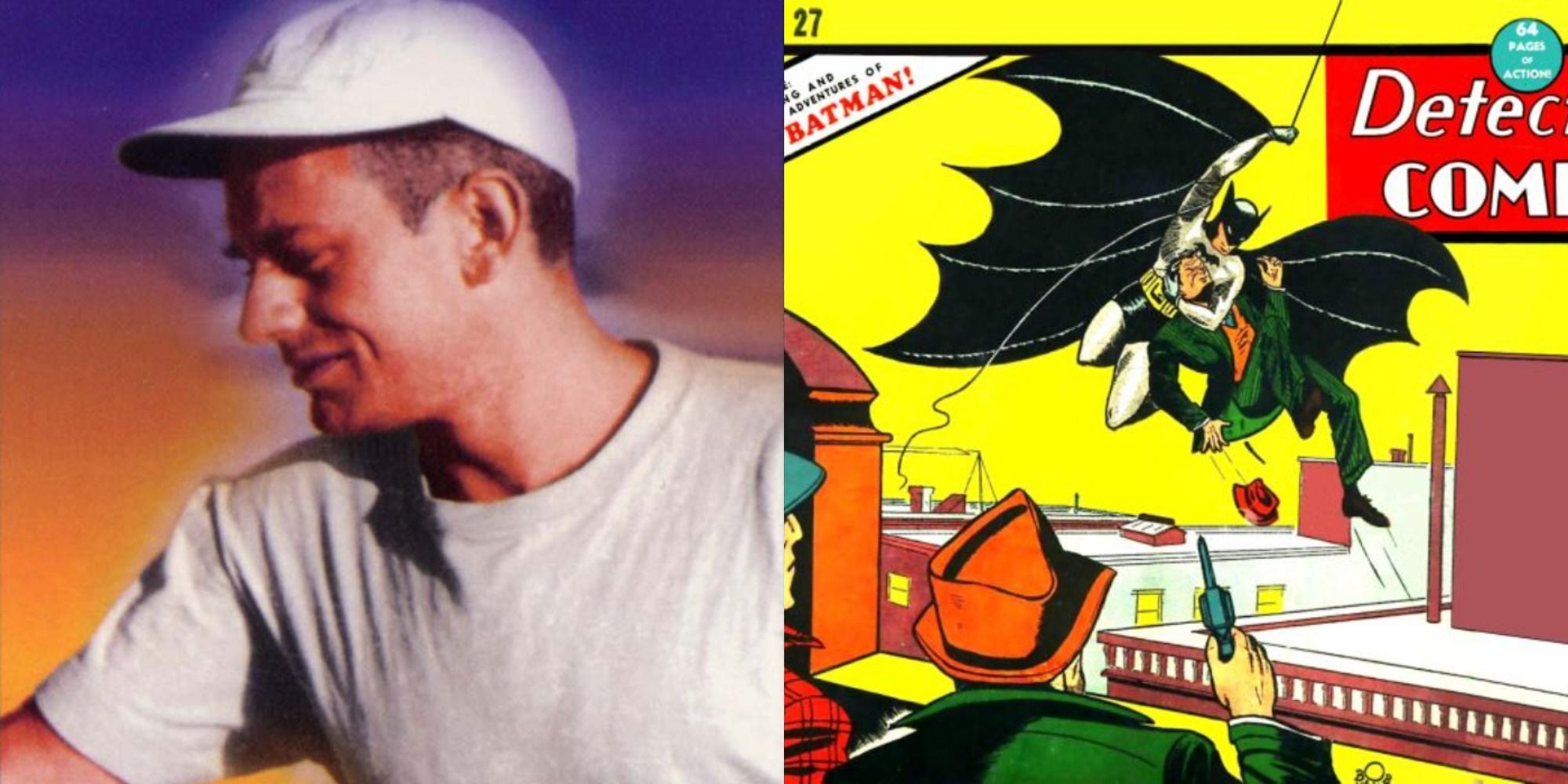 Split image showing comic book writer Bill Finger and Golden Age Batman
