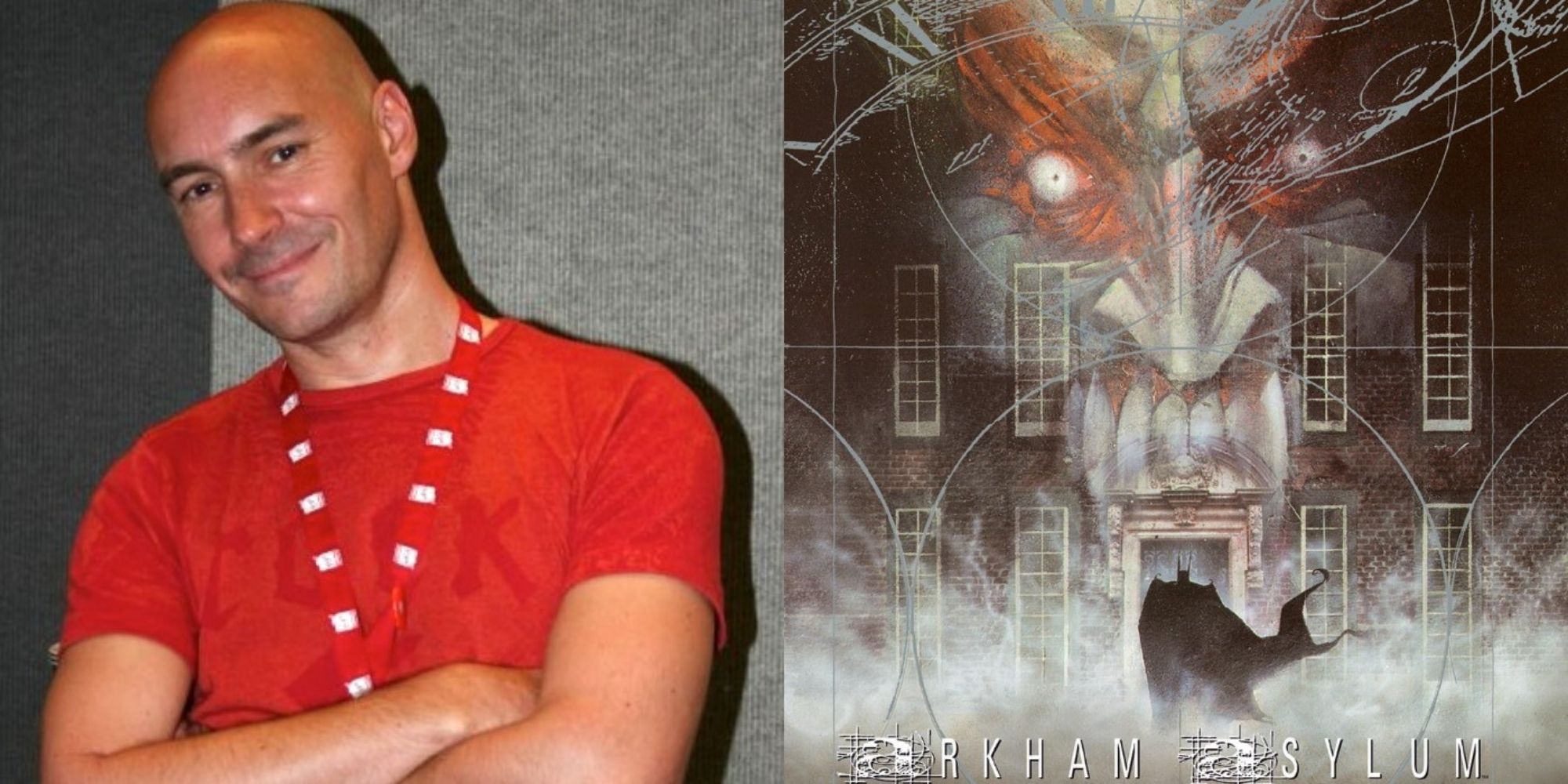 Split image showing comic book writer Grant Morrison and the cover to the graphic novel Arkham Asylum