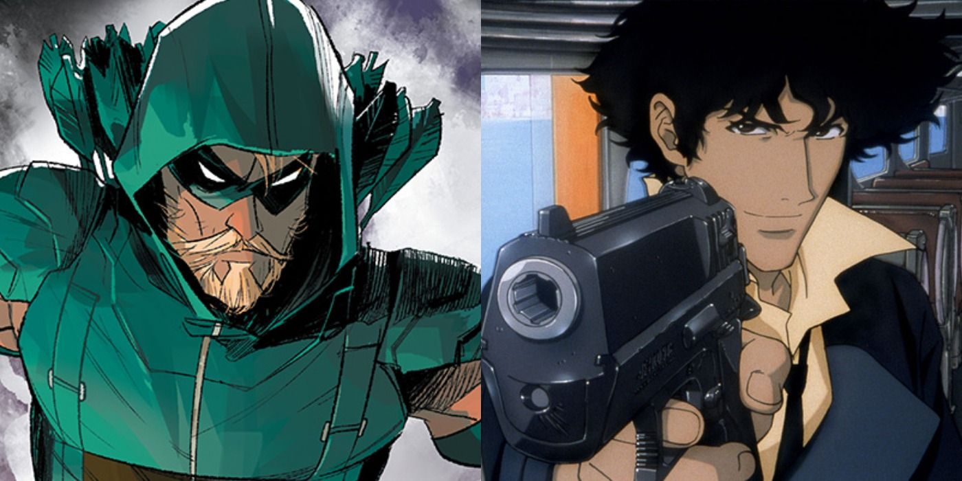 Split image showing Green Arrow from DC Comics and Spike Spiegel from Cowboy Bebop
