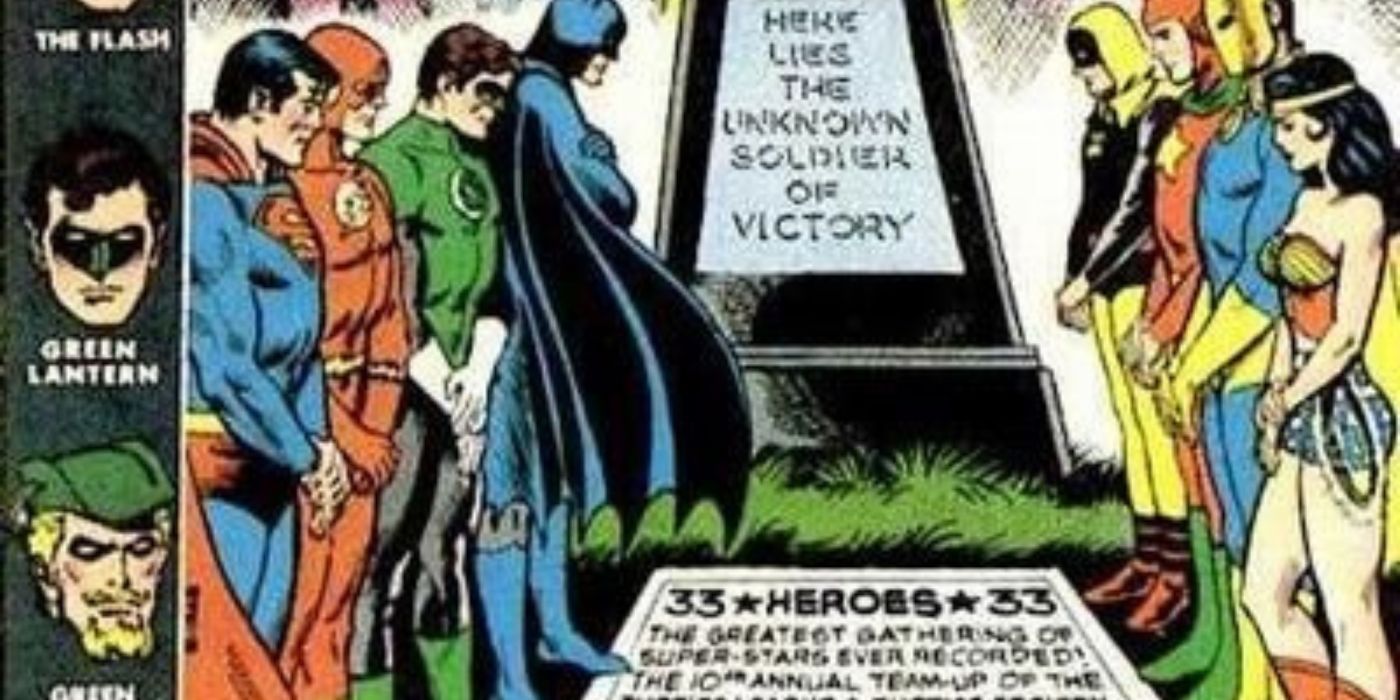 The JLA in front of the Unknown Soldier of Victory's grave in Justice League #100