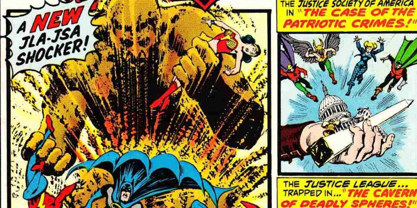 Comic book panels showing the Justice League fighting in Justice League #113