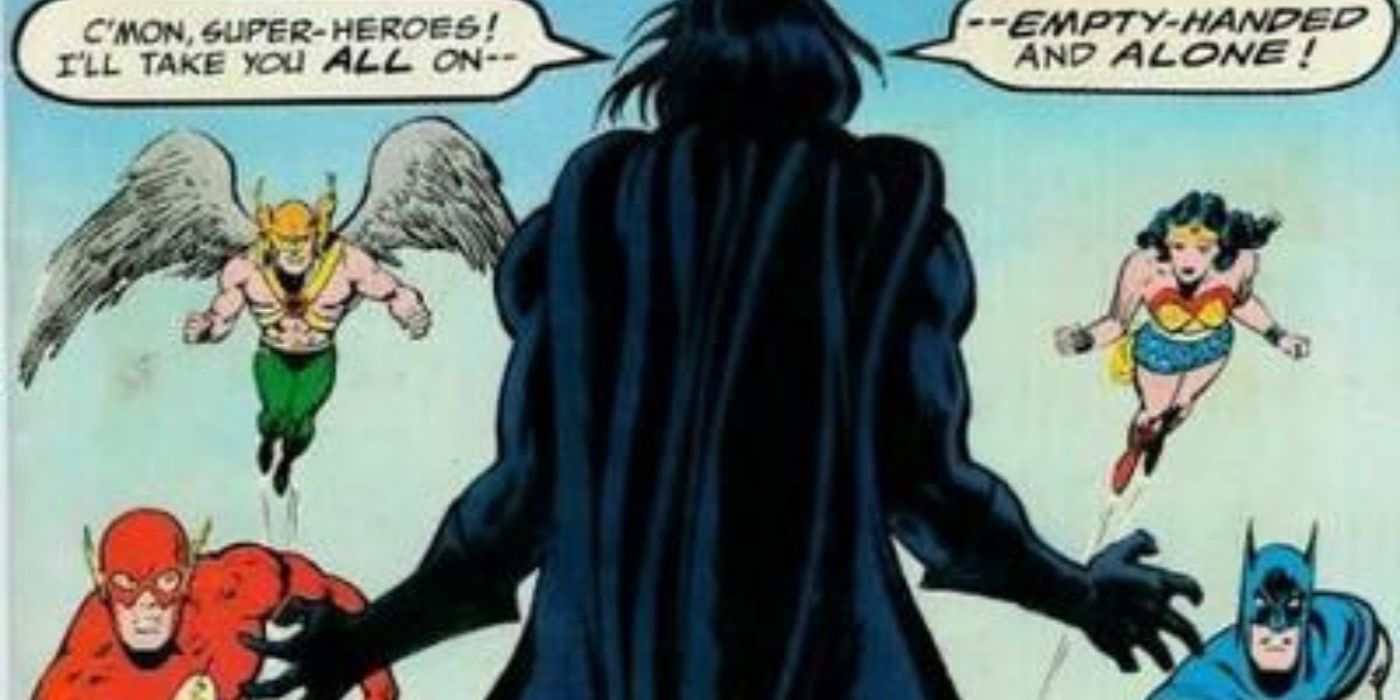 Flash, Hawkman, Wonder Woman, and Batman run towards a hooded figure in Justice League #123