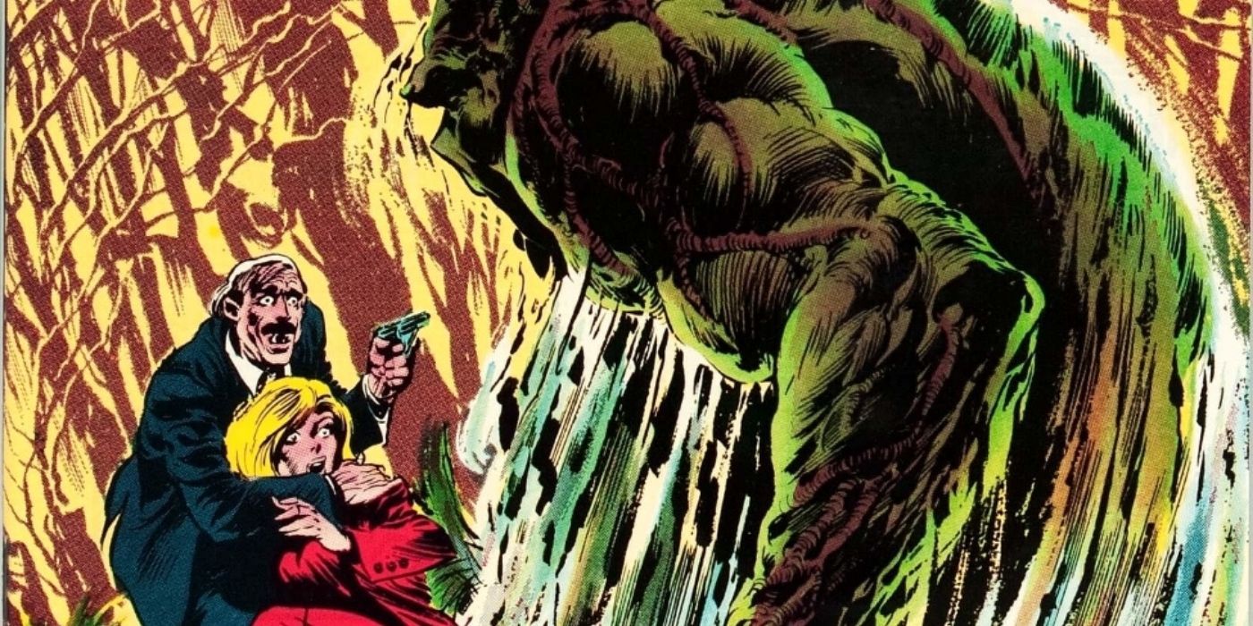 Swamp Thing comfronts a scared-looking couple