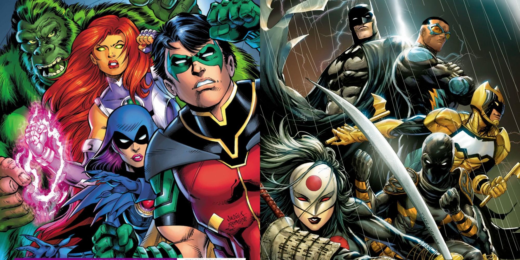 Split image showing the Teen Titans and the Outsiders