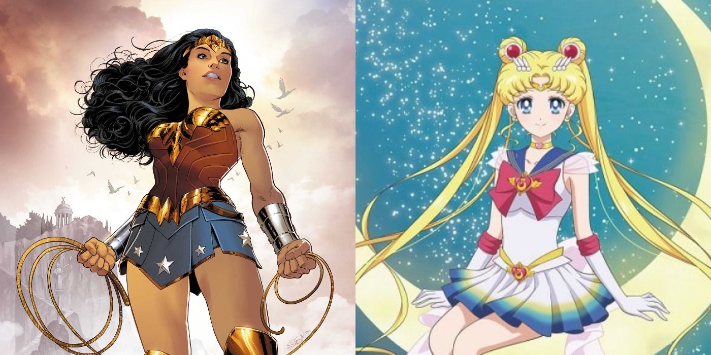 Featured Image: Wonder Woman with her lasso of truth (left); Sailor Moon sitting on a crescent moon (right)