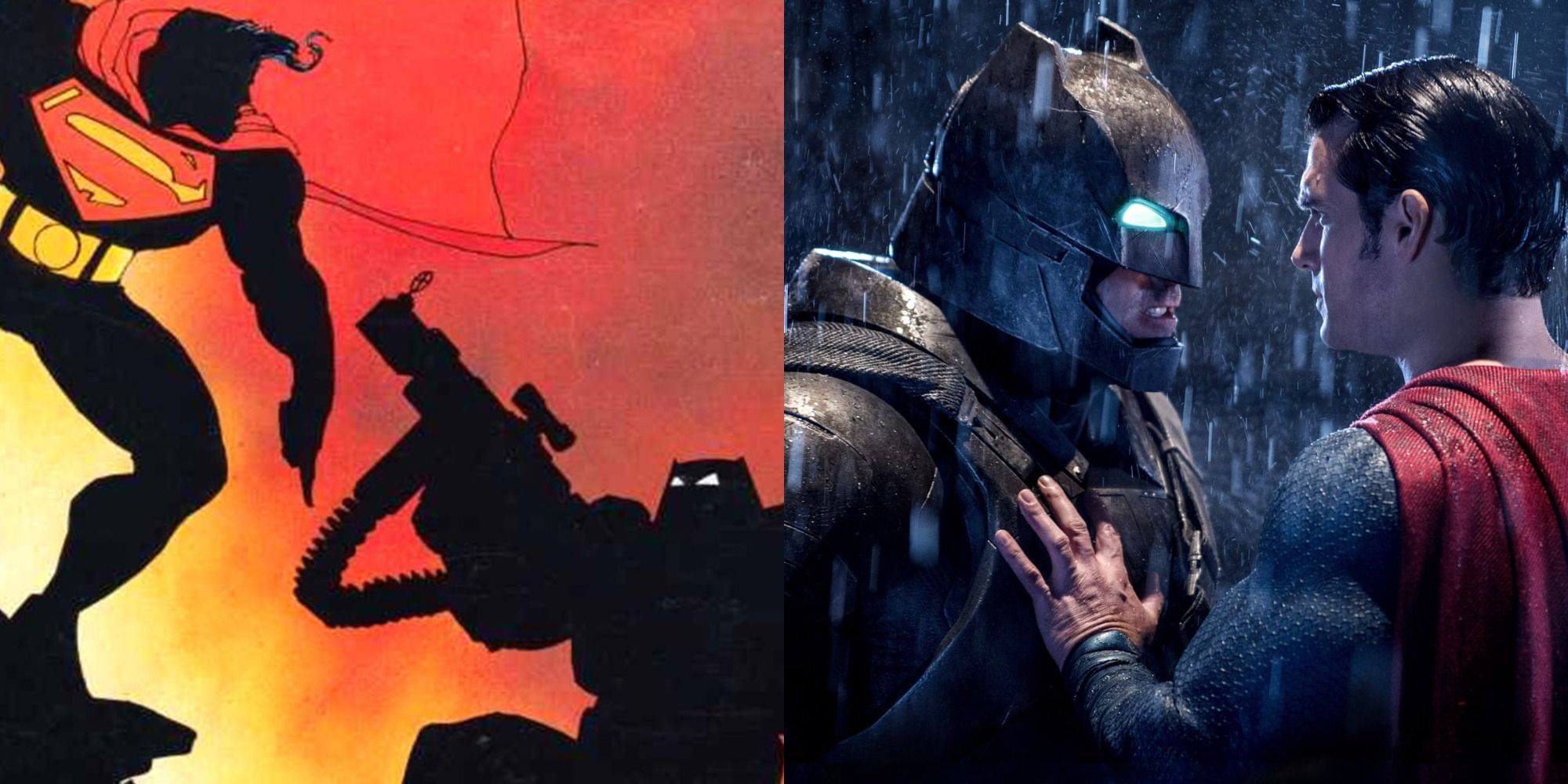 A split image of Batman fighting in the comics and Batman and Superman confronting each other in Batman v Superman