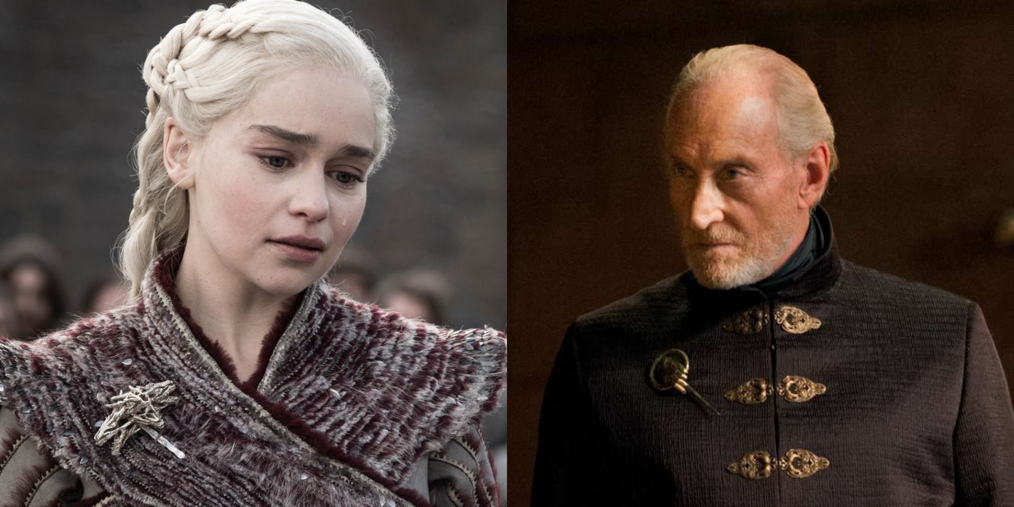 Split image of Emilia Clarke as Daenerys and Charles Dance as Tywin in Game of Thrones