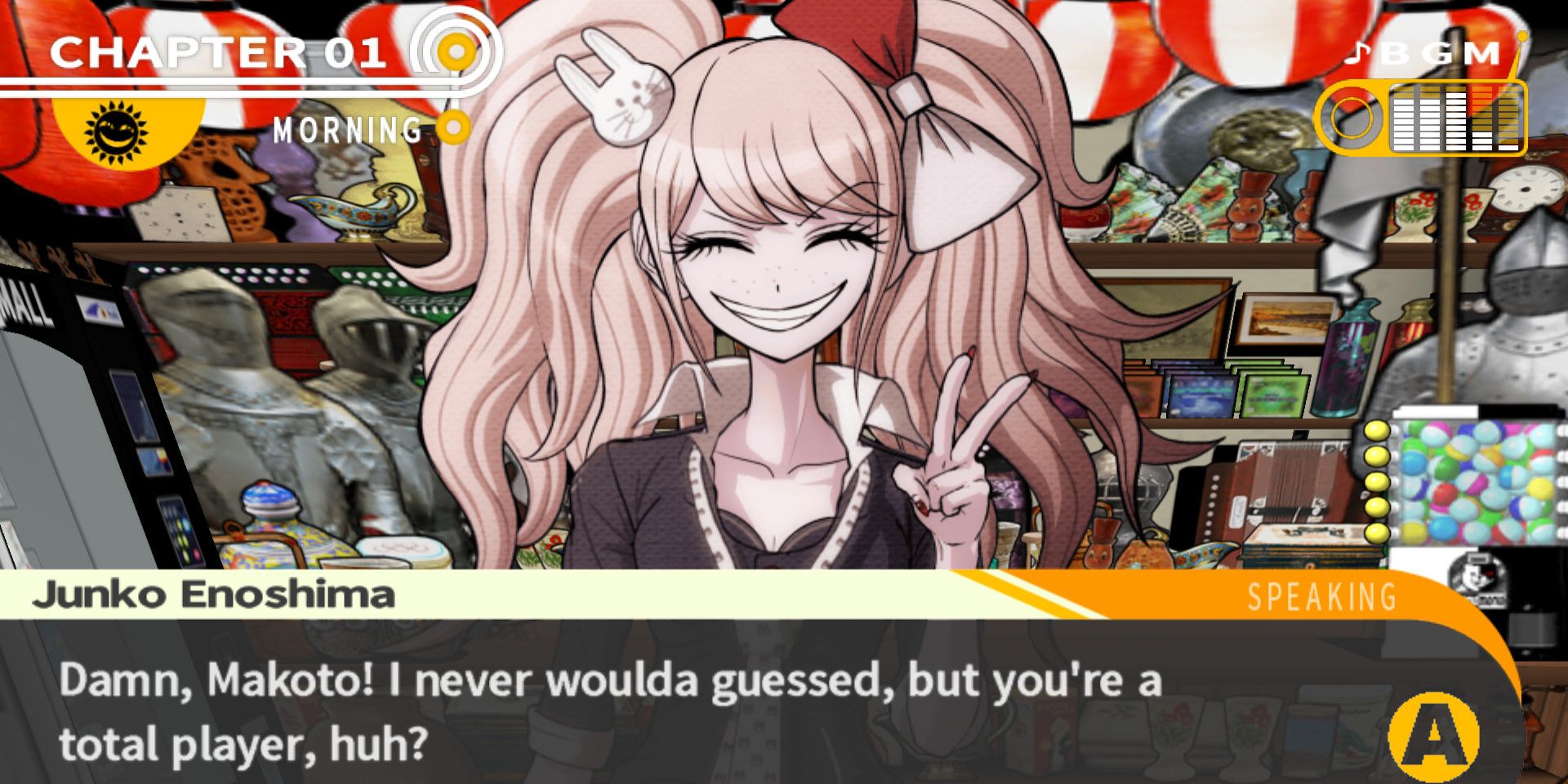 Junko speaks to the player and gives a peace sign in Danganronpa: Trigger Happy Havoc.