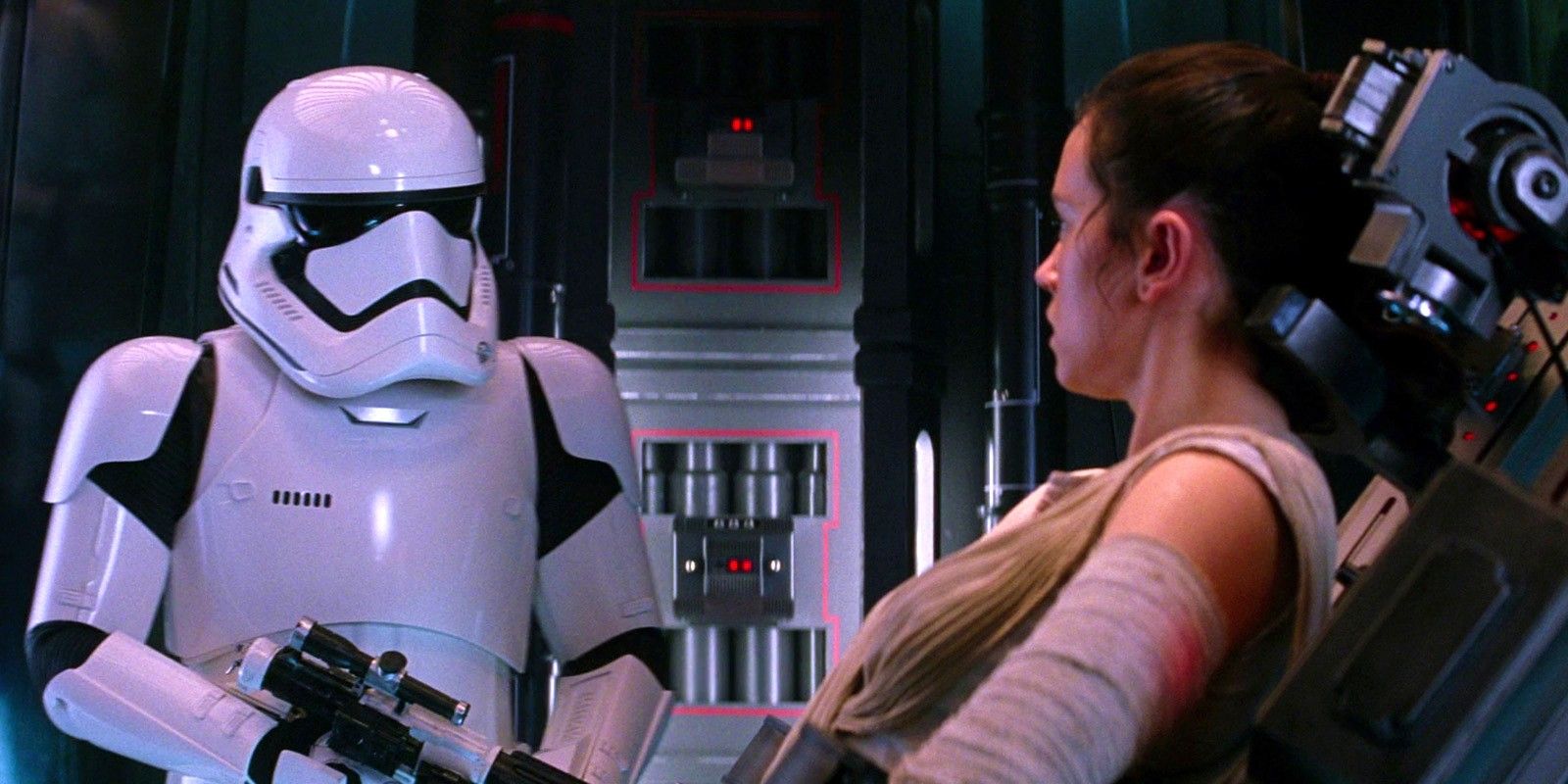 A Stormtrooper talking to Rey in The Force Awakens