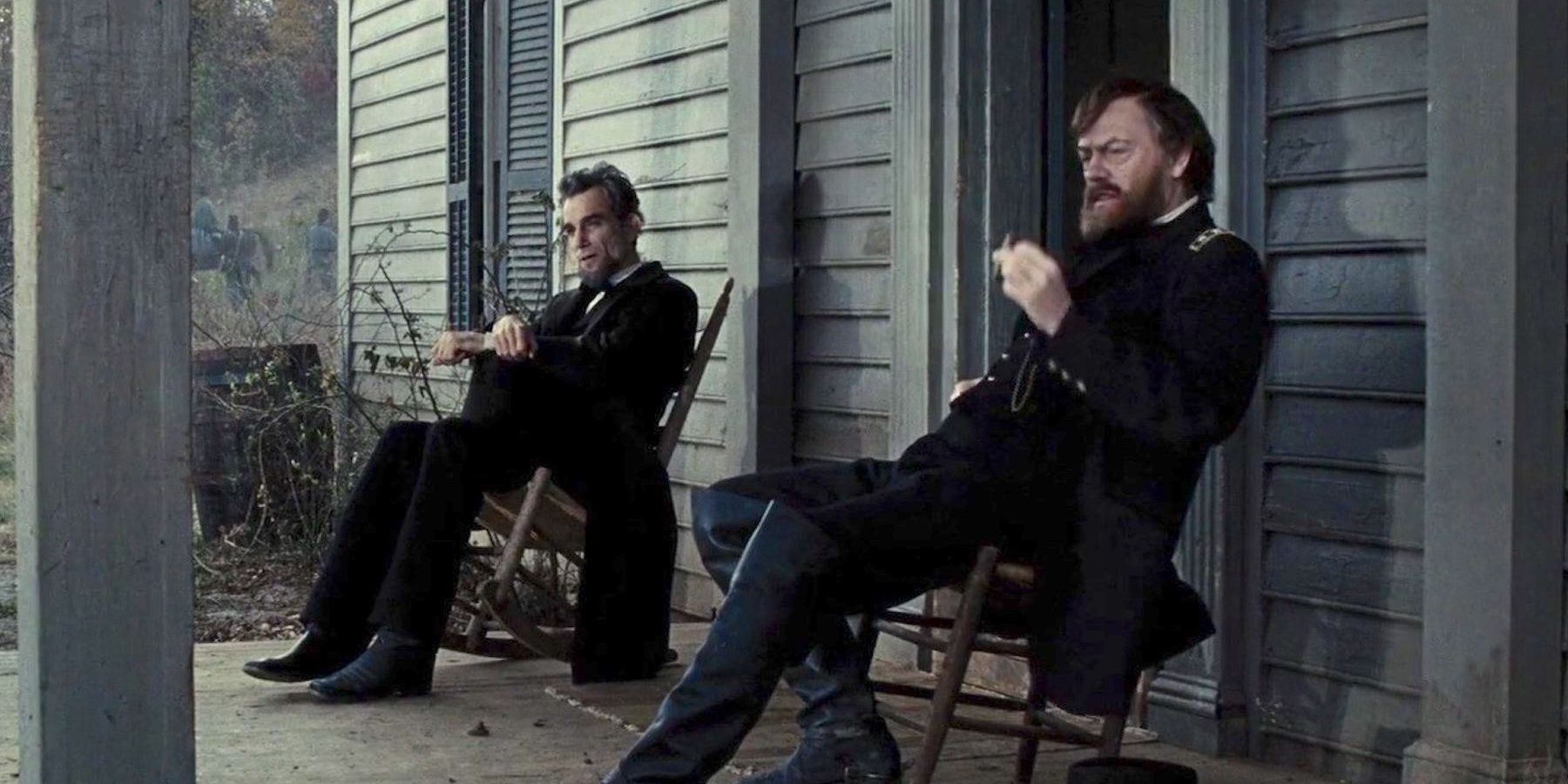 Abrahan Lincoln and Ulysses S. Grant talking on the porch in Lincoln
