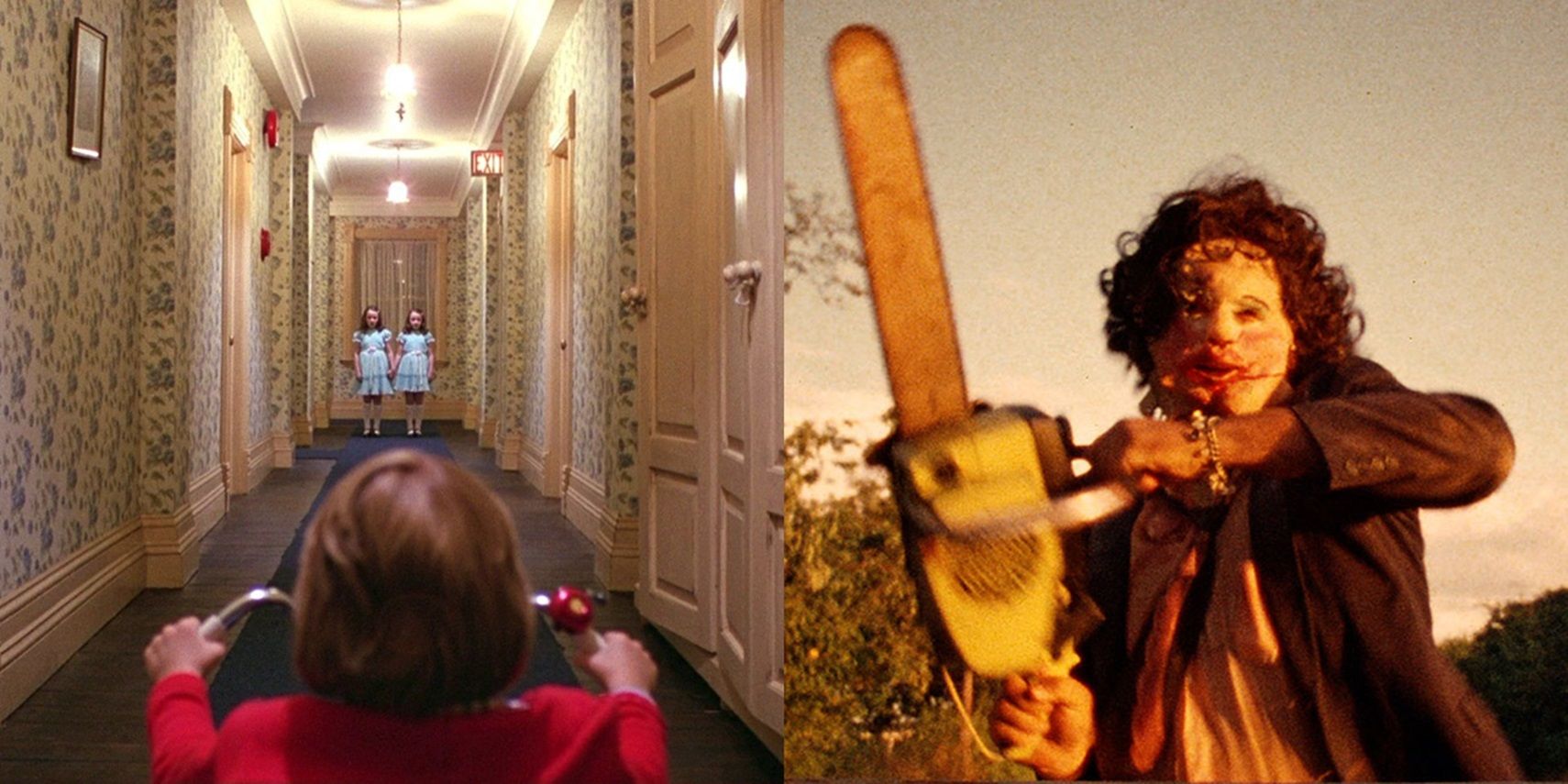 Split image of Danny in the hallway in The Shining and Leatherface in The Texas Chain Saw Massacre.
