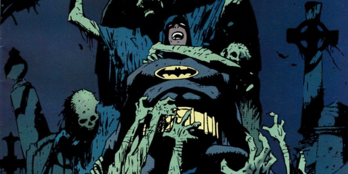 Batman seized by demons in a dark graveyard.