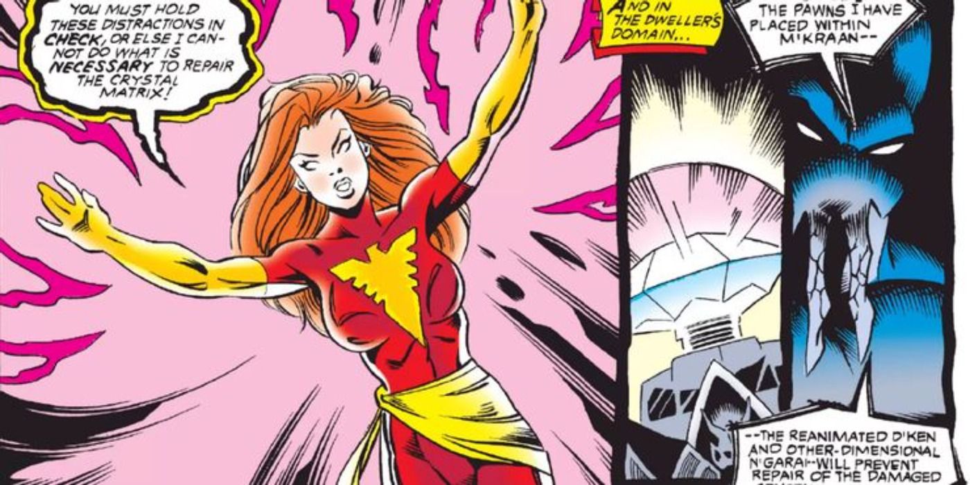 Dark Phoenix battles the Dweller in Darkness in Marvel Comics.