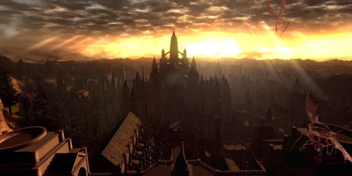 Anor Londo brilha à luz do sol poente em Dark Souls.
